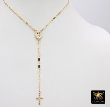 14 K Gold Filled Rosary Cross Necklace, Religious Miraculous Mary Madonna Lariat